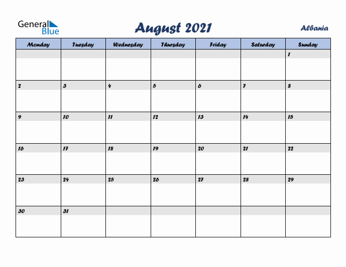 August 2021 Calendar with Holidays in Albania