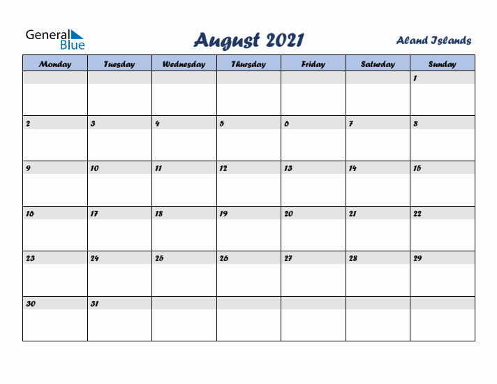 August 2021 Calendar with Holidays in Aland Islands