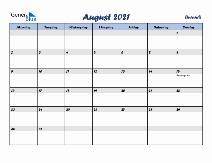 August 2021 Calendar with Holidays in Burundi