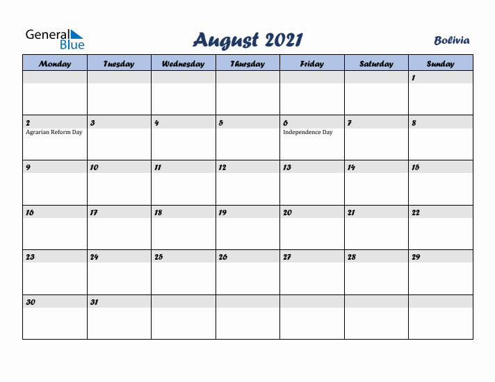 August 2021 Calendar with Holidays in Bolivia