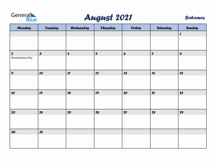 August 2021 Calendar with Holidays in Bahamas