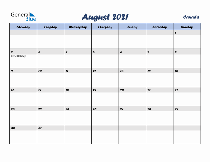 August 2021 Calendar with Holidays in Canada