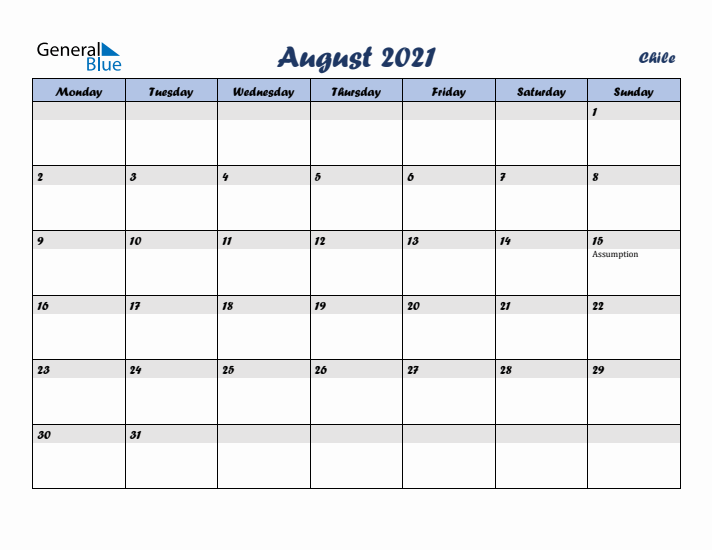 August 2021 Calendar with Holidays in Chile