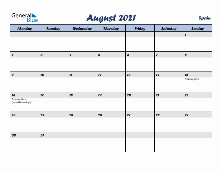 August 2021 Calendar with Holidays in Spain