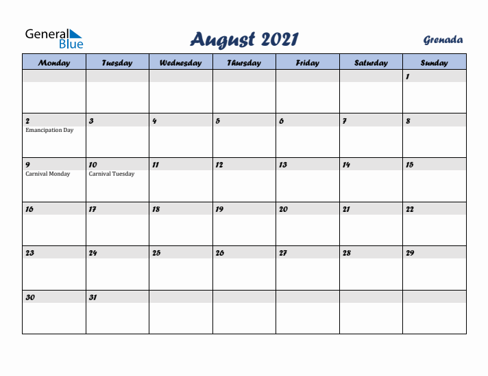 August 2021 Calendar with Holidays in Grenada