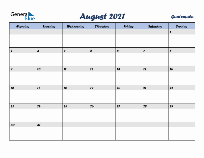 August 2021 Calendar with Holidays in Guatemala