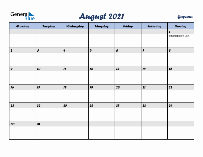 August 2021 Calendar with Holidays in Guyana