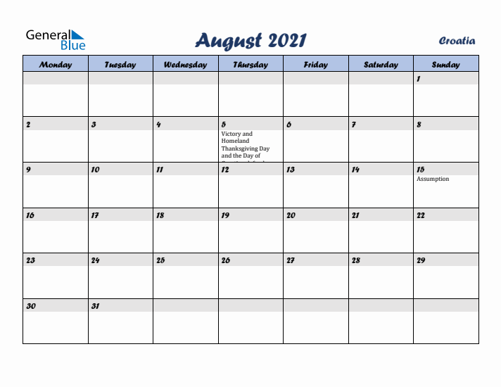 August 2021 Calendar with Holidays in Croatia