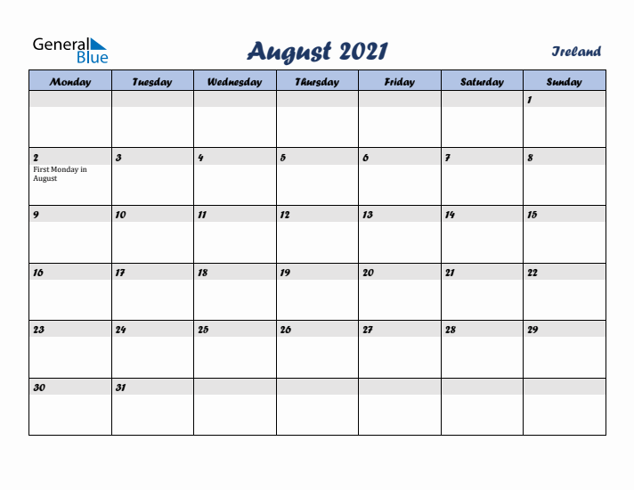 August 2021 Calendar with Holidays in Ireland