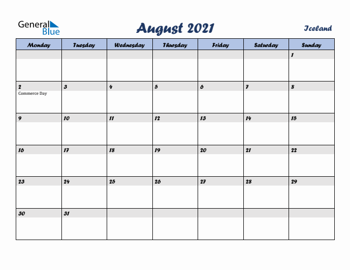 August 2021 Calendar with Holidays in Iceland