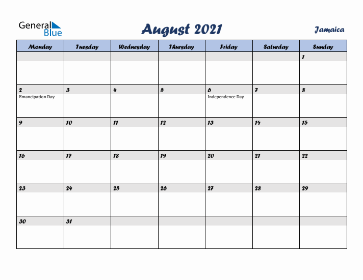 August 2021 Calendar with Holidays in Jamaica