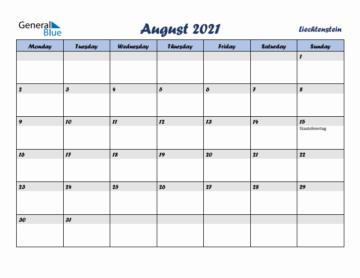 August 2021 Calendar with Holidays in Liechtenstein