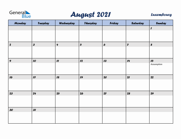 August 2021 Calendar with Holidays in Luxembourg