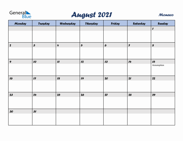 August 2021 Calendar with Holidays in Monaco