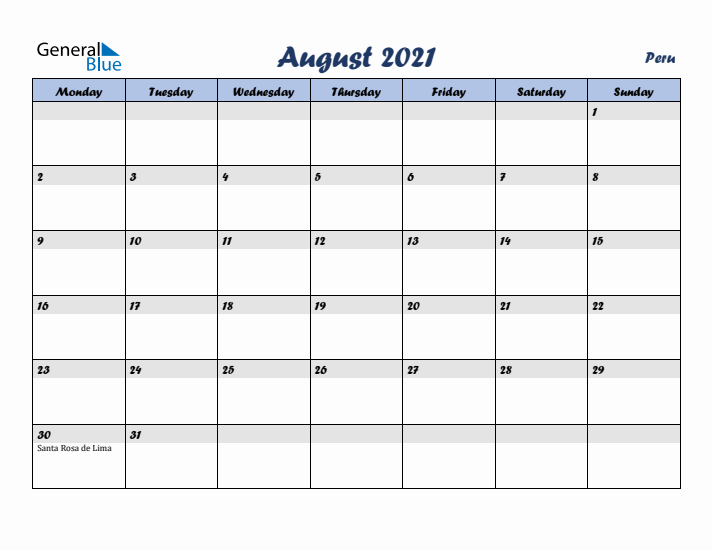 August 2021 Calendar with Holidays in Peru