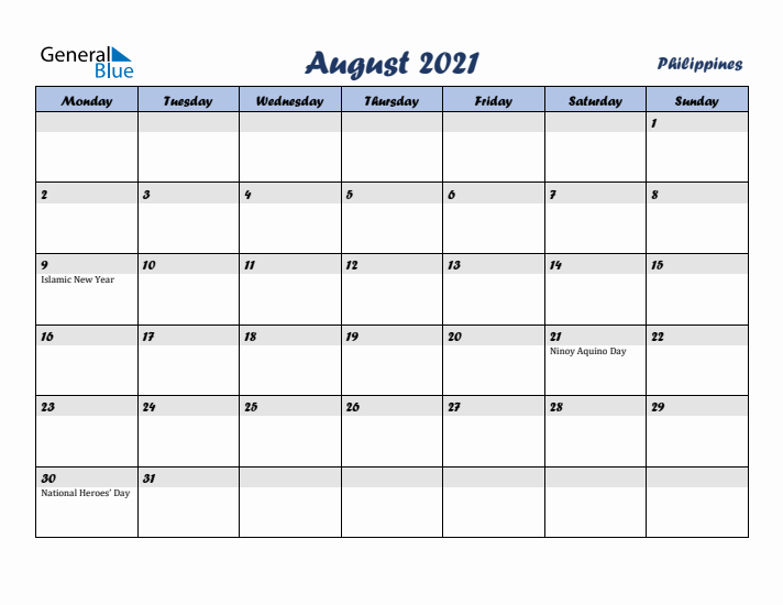 August 2021 Calendar with Holidays in Philippines