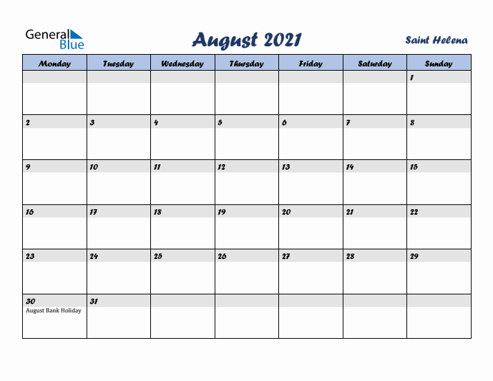 August 2021 Calendar with Holidays in Saint Helena