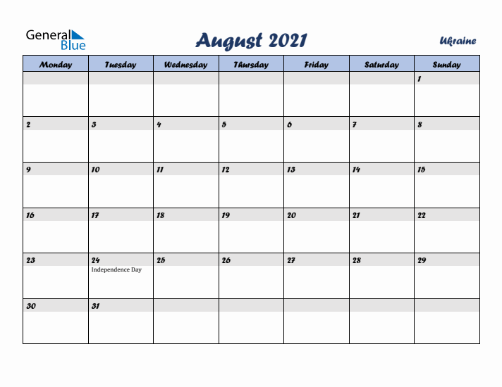 August 2021 Calendar with Holidays in Ukraine