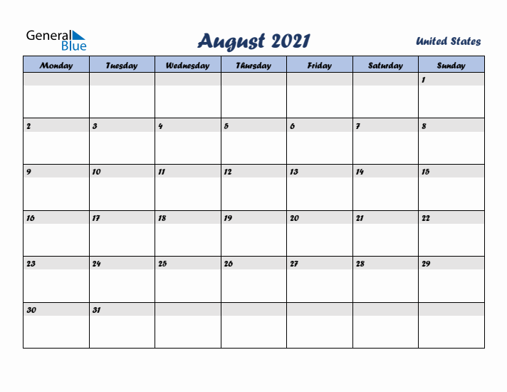 August 2021 Calendar with Holidays in United States