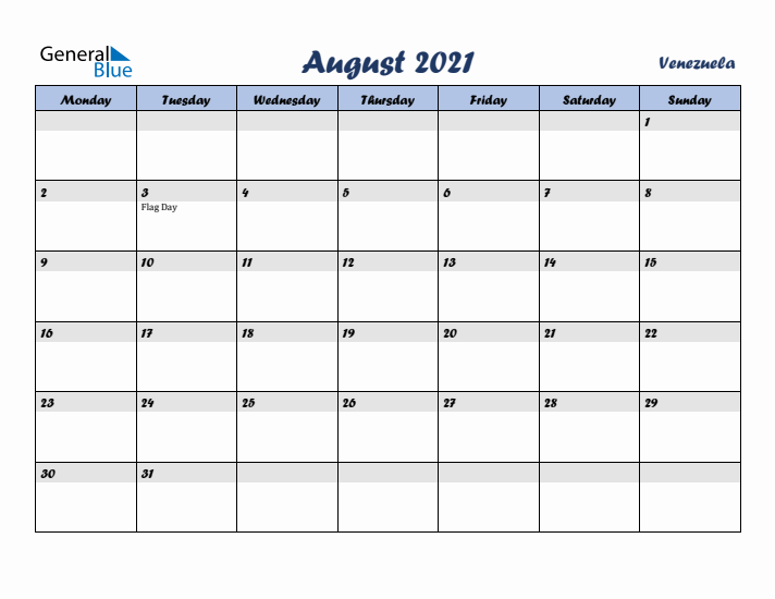 August 2021 Calendar with Holidays in Venezuela