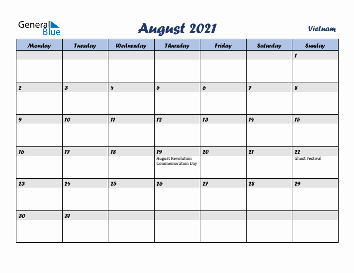 August 2021 Calendar with Holidays in Vietnam