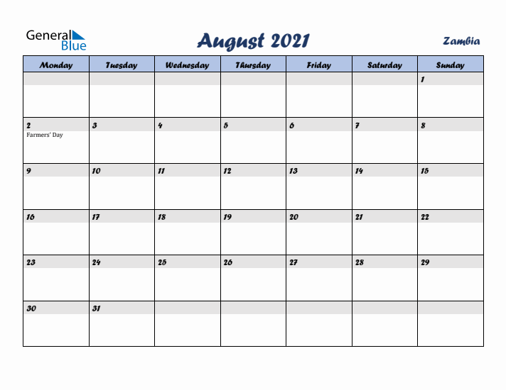 August 2021 Calendar with Holidays in Zambia