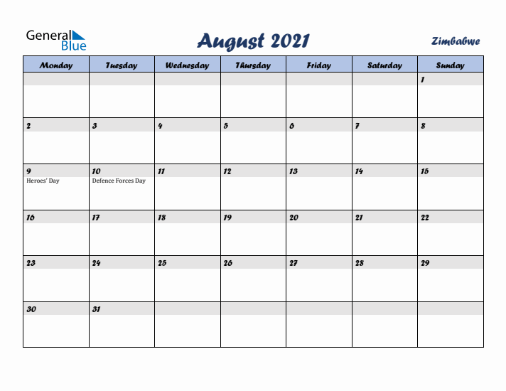 August 2021 Calendar with Holidays in Zimbabwe