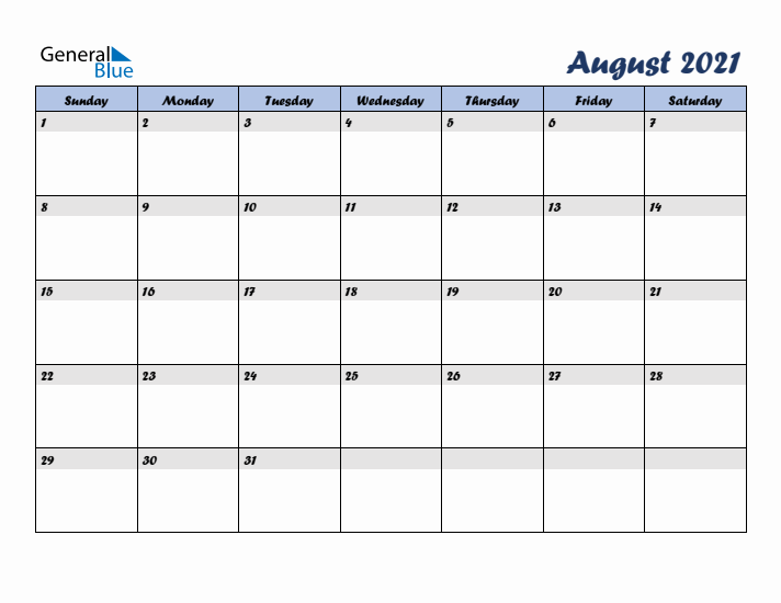 August 2021 Blue Calendar (Sunday Start)