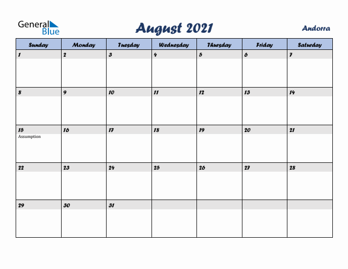 August 2021 Calendar with Holidays in Andorra