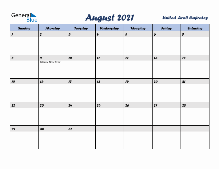 August 2021 Calendar with Holidays in United Arab Emirates