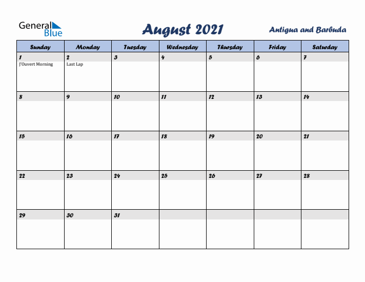 August 2021 Calendar with Holidays in Antigua and Barbuda