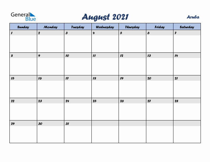 August 2021 Calendar with Holidays in Aruba