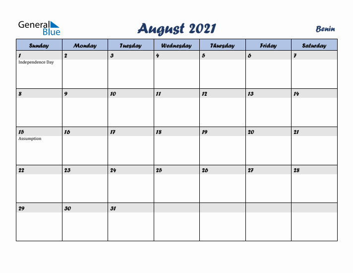 August 2021 Calendar with Holidays in Benin