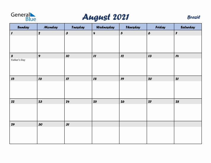 August 2021 Calendar with Holidays in Brazil