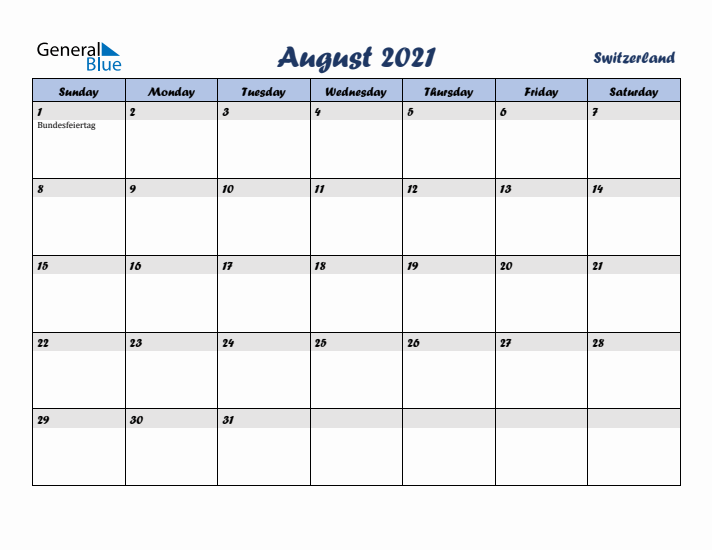 August 2021 Calendar with Holidays in Switzerland