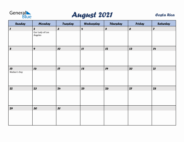 August 2021 Calendar with Holidays in Costa Rica