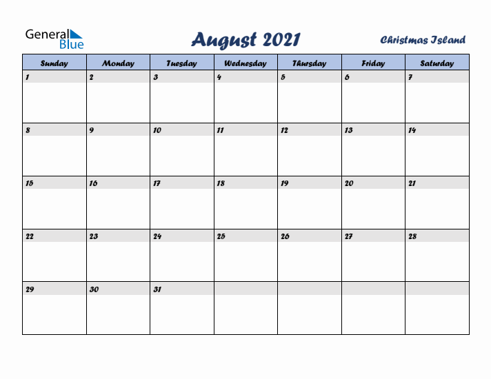 August 2021 Calendar with Holidays in Christmas Island