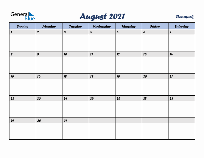 August 2021 Calendar with Holidays in Denmark