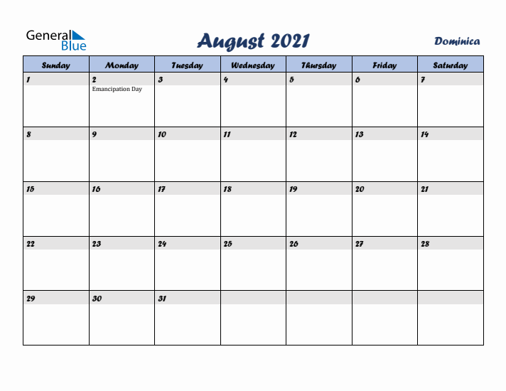 August 2021 Calendar with Holidays in Dominica