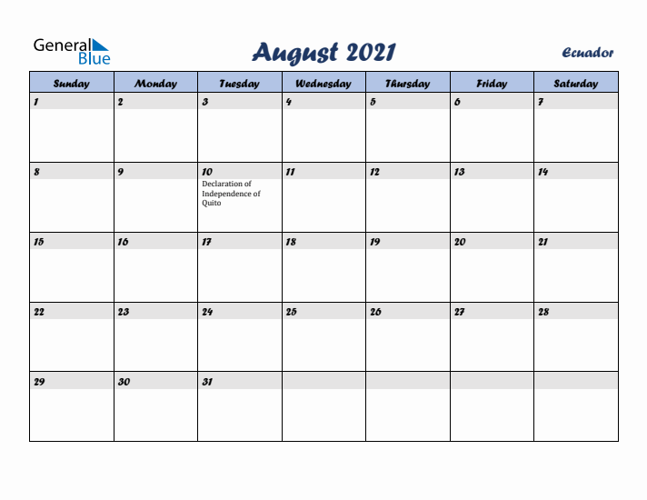 August 2021 Calendar with Holidays in Ecuador