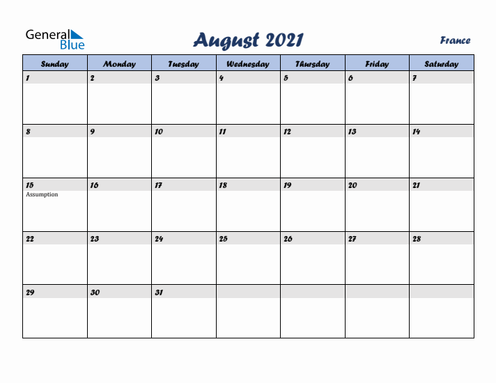 August 2021 Calendar with Holidays in France