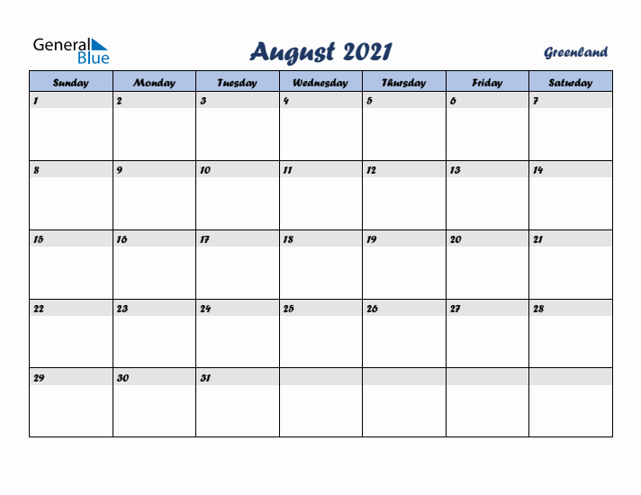 August 2021 Calendar with Holidays in Greenland