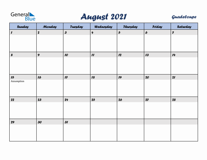 August 2021 Calendar with Holidays in Guadeloupe