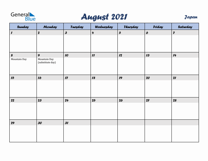 August 2021 Calendar with Holidays in Japan