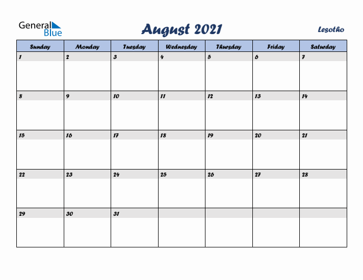 August 2021 Calendar with Holidays in Lesotho