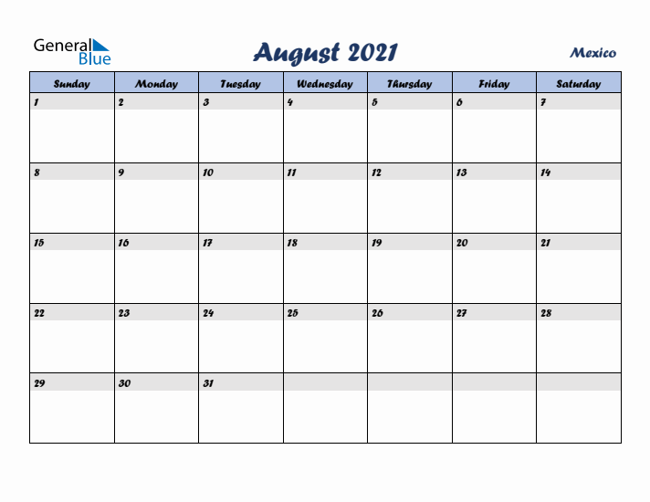 August 2021 Calendar with Holidays in Mexico