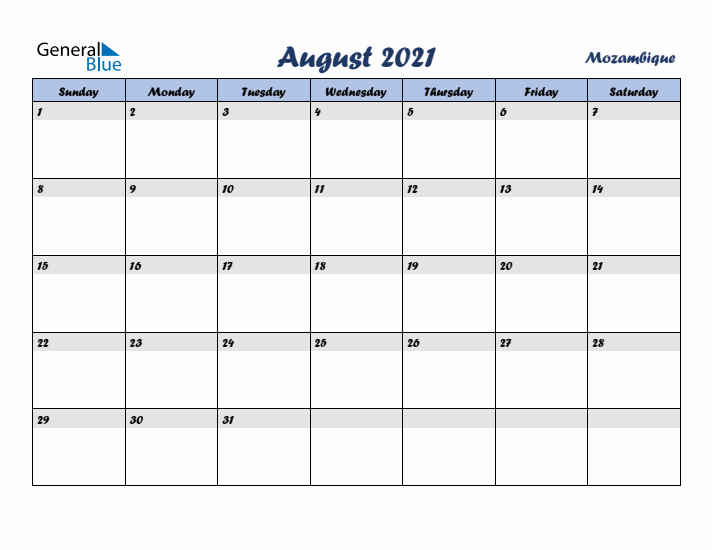 August 2021 Calendar with Holidays in Mozambique