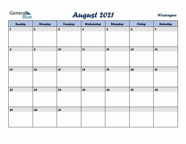 August 2021 Calendar with Holidays in Nicaragua