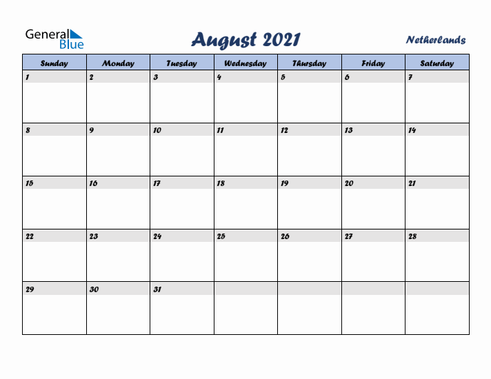 August 2021 Calendar with Holidays in The Netherlands