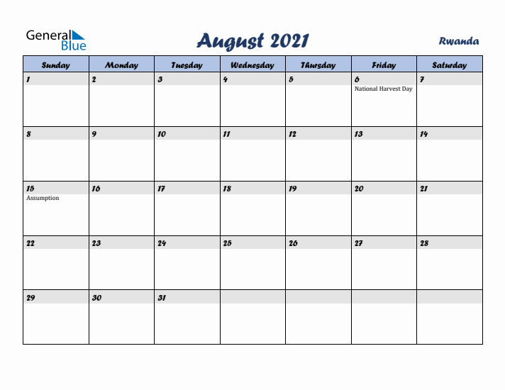 August 2021 Calendar with Holidays in Rwanda